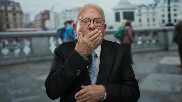 Senior man in a suit standing on a busy street looking surprised with people walking in the background on an overcast day. - Powered by Adobe