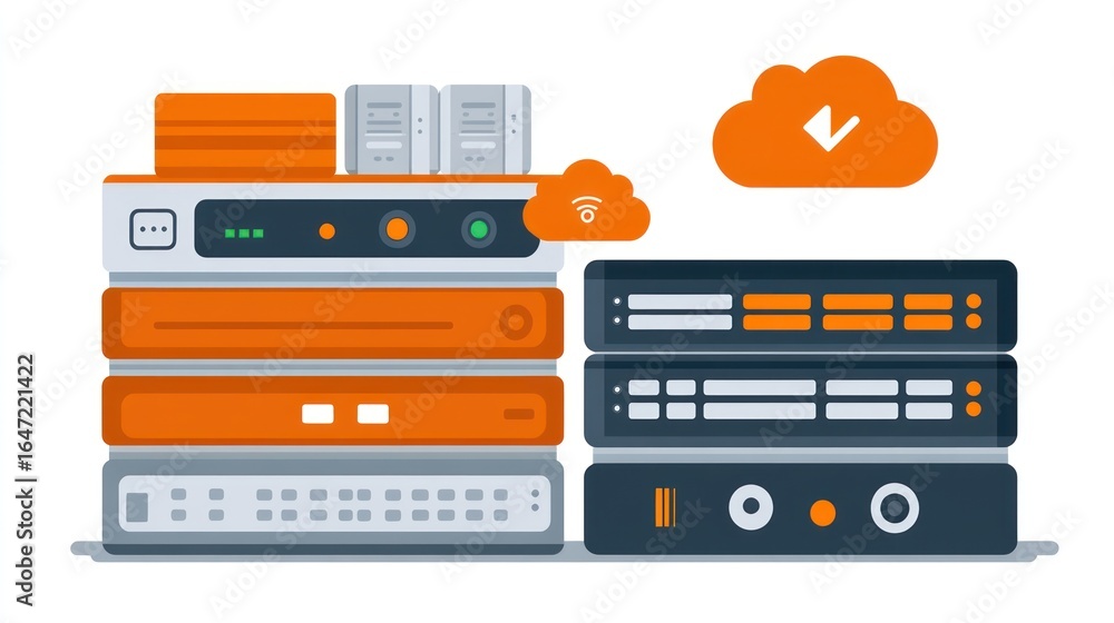 Poster illustration of server racks and cloud computing for data management networks