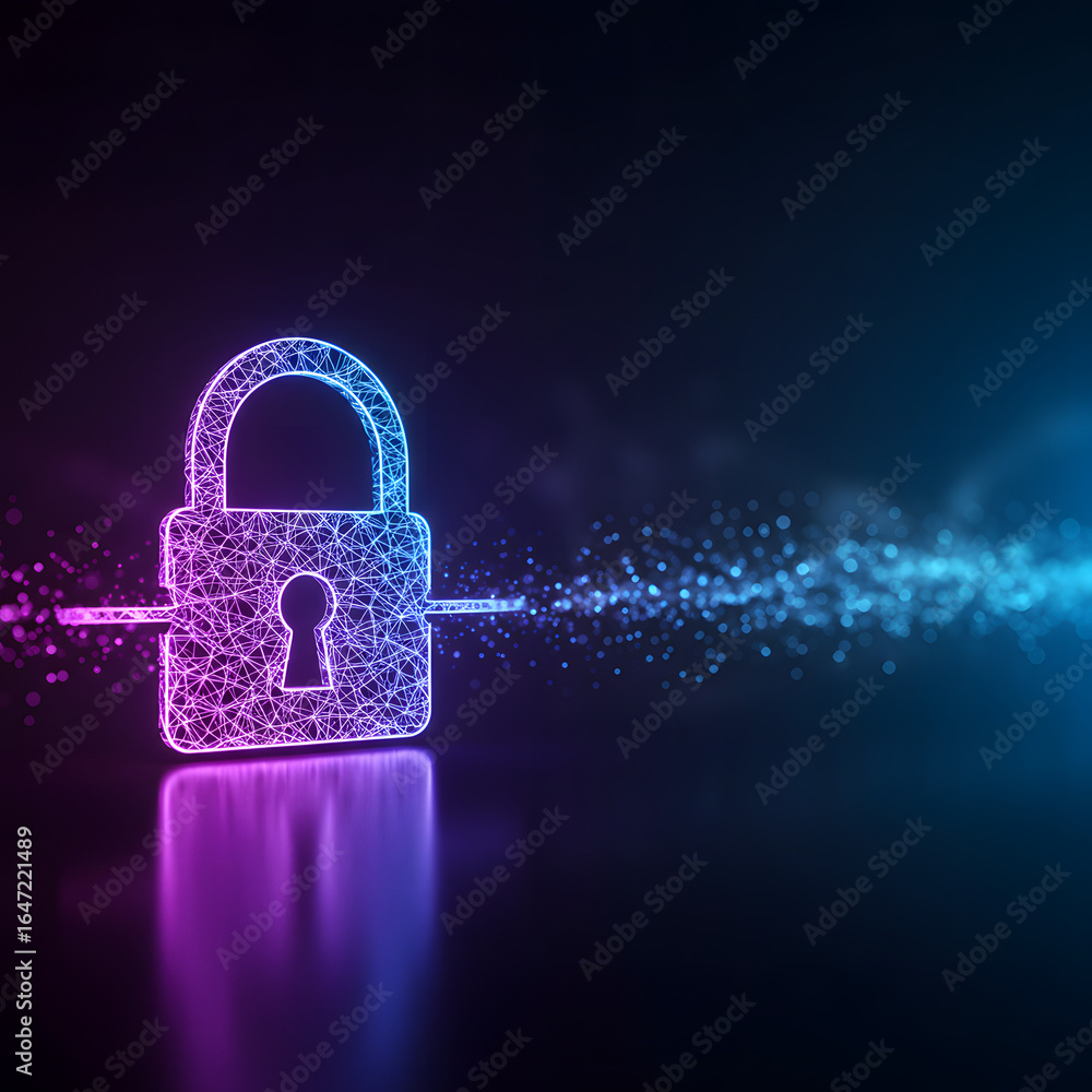 Poster a digital padlock with a wireframe design and a glowing effect on a dark reflective surface backgrou