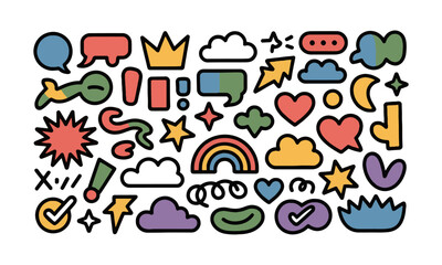 Modern vector illustration hand-drawn doodle set featuring various decorative elements, hand-drawn doodle sketch style circle, cloud speech bubble, grunge element set, arrow, star, easily editable.
