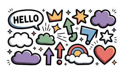 Modern vector illustration hand-drawn doodle set featuring various decorative elements, hand-drawn doodle sketch style circle, cloud speech bubble, grunge element set, arrow, star, easily editable.