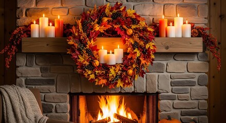 Autumnal fireplace scene with wreath and candles.