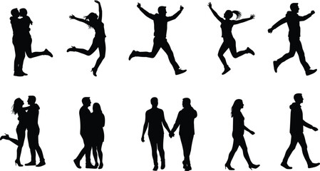 Couple silhouettes walking, jumping, hugging, romantic poses, love relationship moments, man and woman vector illustration for dating, lifestyle, emotions, stock design