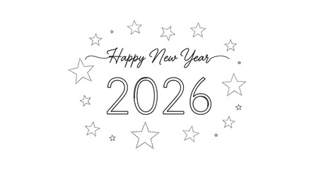 Happy new year 2026 coloring page for kids and adults printable free vector template with stars