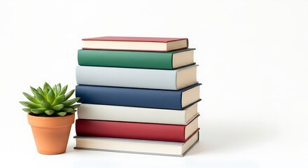 Fototapeta premium Stack of colorful, modern books beside a vibrant green succulent in a terracotta pot, symbolizing knowledge and growth.