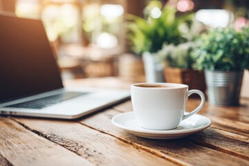 Fototapeta premium A cozy home office setup with a laptop and a coffee cup on a desk