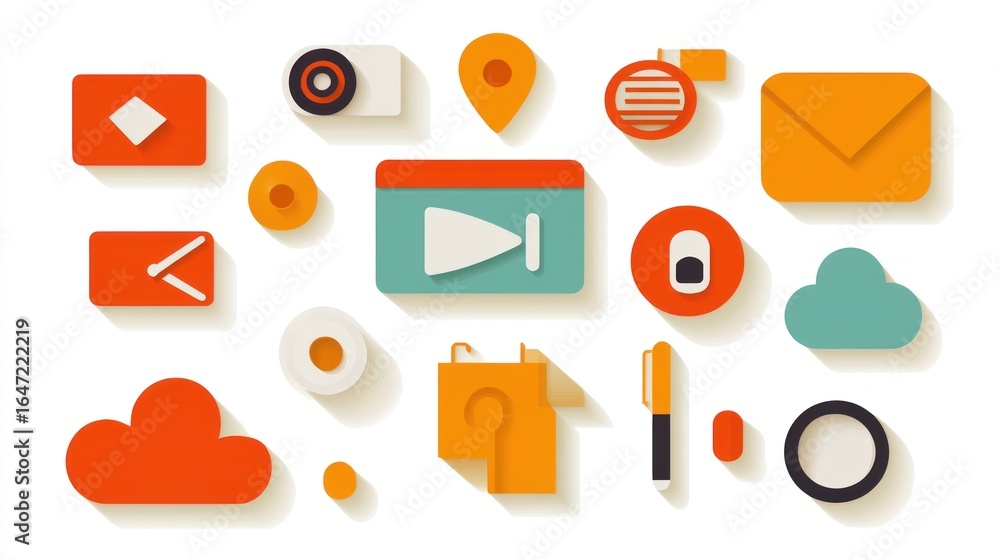Poster flat design style icons for various interface controls and social media applications