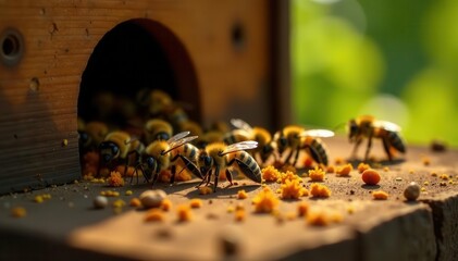 Numerous bees carrying debris from their hive entrance, working, together, close up