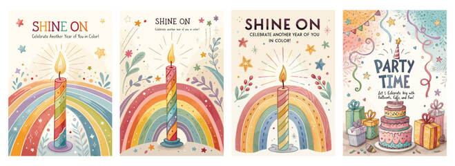Colorful birthday cards featuring candles and rainbows, celebrating individual milestones with joy.