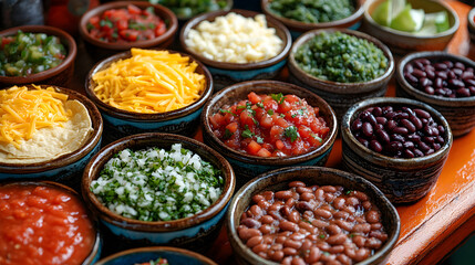 Mexican taco night prep on adobe orange surface, tortillas, salsa, beans, cheese