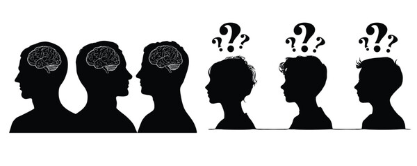 silhouette set of human heads with brain and question marks