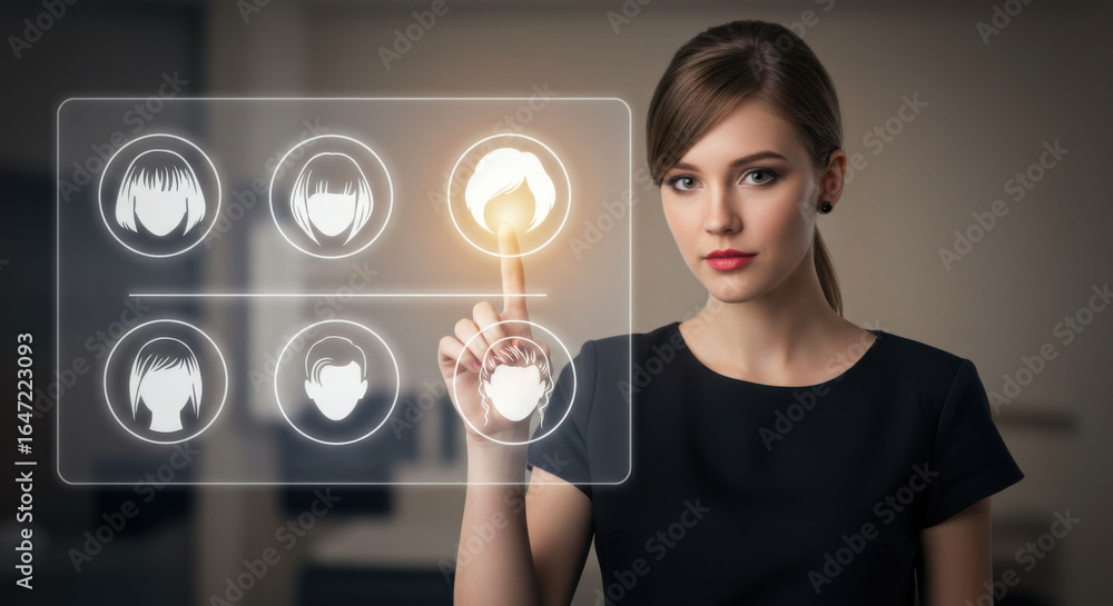 Aufkleber woman touching virtual screen for online profile. avatar selection for digital identity. user interf