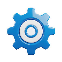 Glossy blue cogwheel gear symbol with white inner circles isolated on transparent background