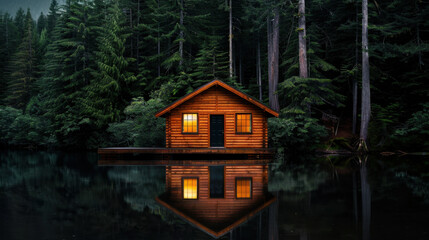 Fototapeta premium Wooden cabin by serene forest lake reflects beautifully in calm water, surrounded by tall trees. warm glow from windows creates cozy and inviting atmosphere
