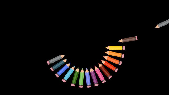 Back to school. Animated rotating frame made of colorful pencils in rainbow shades on transparent background, stopmotion design for school, art, creativity, stationery, educational themes illustration