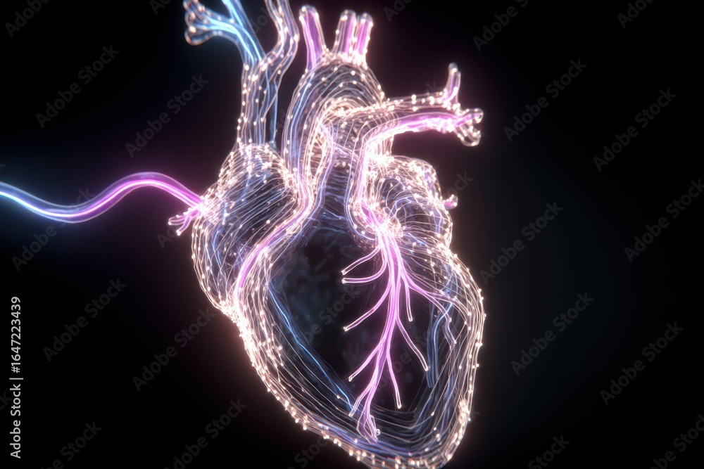 Poster a digital illustration of a heart shape with glowing neon lines pulsing through a plexus network, cr
