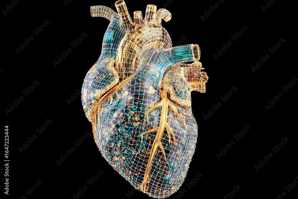 Poster a digital plexus heart with pulsing neon veins, symbolizing fragility and transparency.