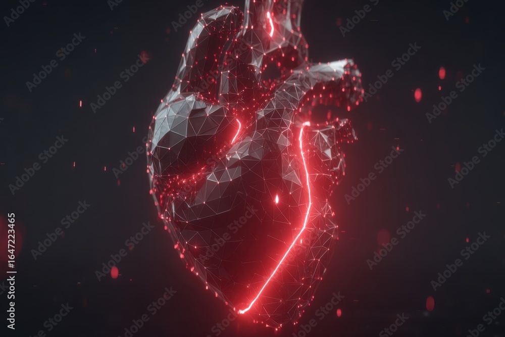 Poster this stock image features a digital plexus heart formed by vibrant red and white lines, with a pulsi