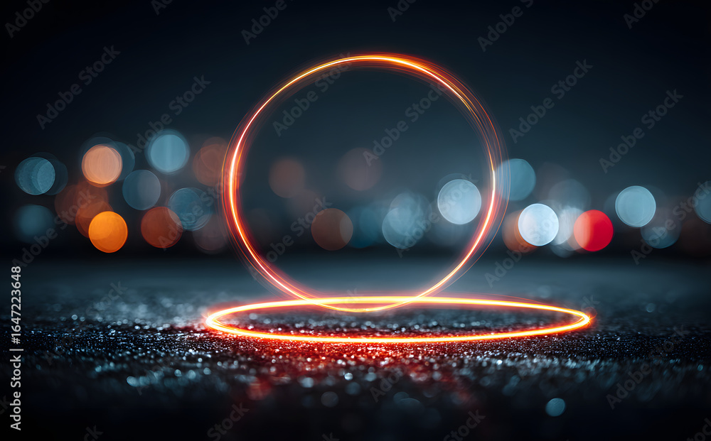 Poster glowing neon light trails form a vibrant circular frame against a dark backdrop, with colorful bokeh
