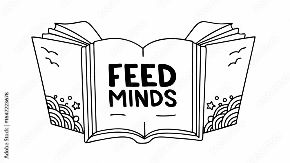 Poster open book with feed minds text and decorative elements including waves and stars in a black and whit