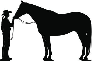 Silhouette of cowgirl with horse, woman holding reins, western rural scene, equestrian farm animal vector, countryside livestock care, ranch lifestyle illustration