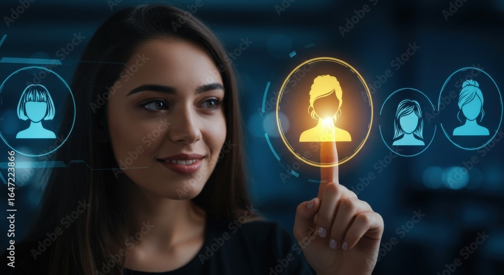 Aufkleber woman touching glowing profile icon on virtual screen. digital human resource management and user se