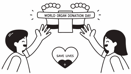 Illustration of world organ donation day with people and heart shape and save lives message written on it