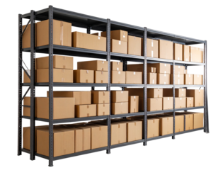 Warehouse Filled with Stacked Cardboard Boxes, isolated on a transparent background