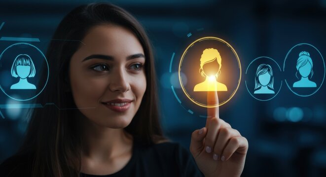 Woman touching glowing profile icon on virtual screen. Digital human resource management and user selection interface.