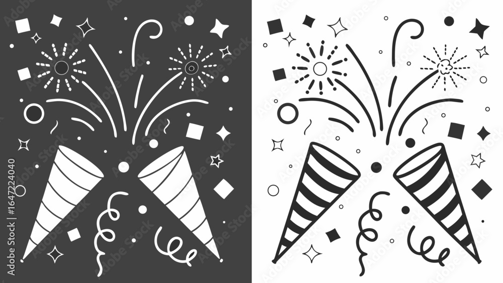 Poster two party poppers with confetti and streamers on a split black and white background design vector ar