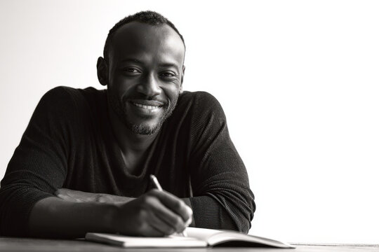 joyful man is writing in his gratitude journal embodying mindfulness and appreciation