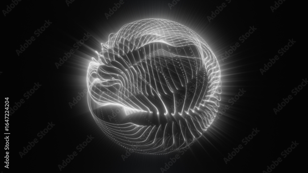 Poster black and white luminous abstract sphere composed of flowing lines and digital light rays in a dark 