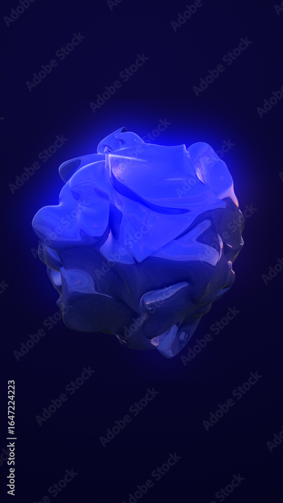 Aufkleber glowing blue organic abstract 3d shape floating in dark space with illuminated surface reflections