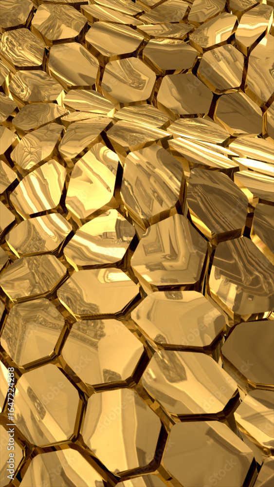 Poster abstract 3d surface of shiny golden polygons forming a seamless, irregular pattern with reflective m