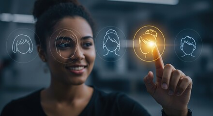 African american woman selecting avatar icon on virtual screen. User experience interface for profile customization and digital identity.