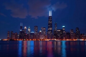 Obraz premium Stunning Chicago skyline at night, bright lights on white background , urban nightscape, USA, urban