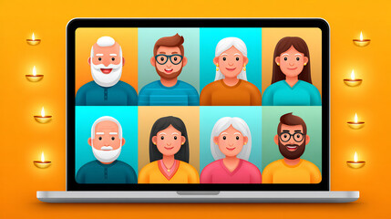 Virtual diwali celebration family online meeting video call conference greeting festive lights laptop screen