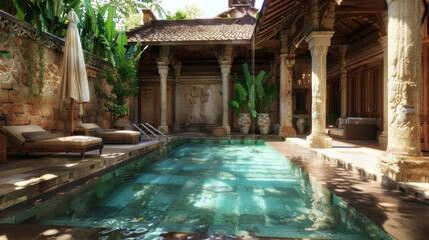 Luxurious villa courtyard featuring serene swimming pool, elegant lounge chairs, and lush greenery. tranquil atmosphere invites relaxation and enjoyment in beautiful setting