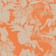 Seamless botanical floral pattern with umbrellas agapanthus, lilies, palm leaves and exotic flowers. Vector orange illustration.