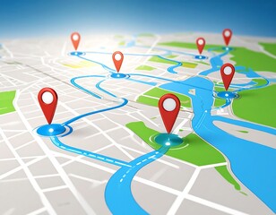 A route map displays a winding journey across a city, marked by multiple location pins indicating stops along the way.