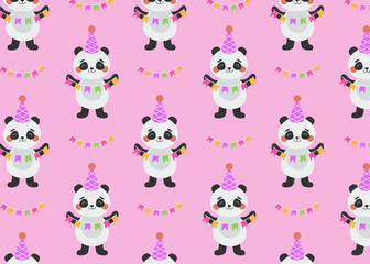 Playful seamless design with pandas, pastel bunting, and small decorative icons on light pink &ndash; great for party invitations, kids&rsquo; fabrics, and festive art.