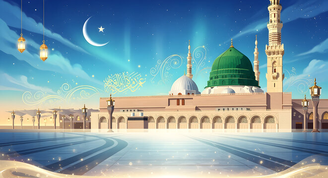 Milad un Nabi Maulid or Mawlid al Nabi Islamic background banner with Madina skyline and lantern lights