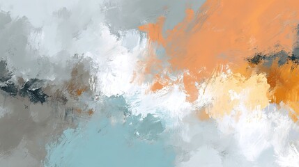 Abstract art painting with brush strokes in orange and grey palette on white background, soft edges, neutral tones including white, gray, cyan, teal, blue, light orange, red, black. Minimalist style, 