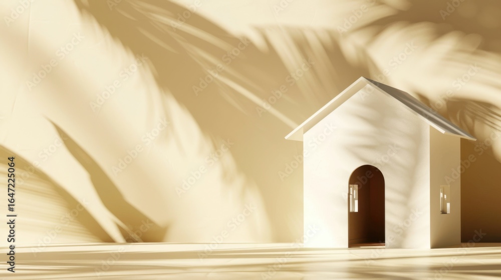 Poster minimal white model house on clean pastel background with soft shadows creating serene atmosphere. d