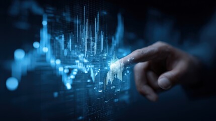 Finger Touching Data Visualization Futuristic Digital Interface Blue Tones.