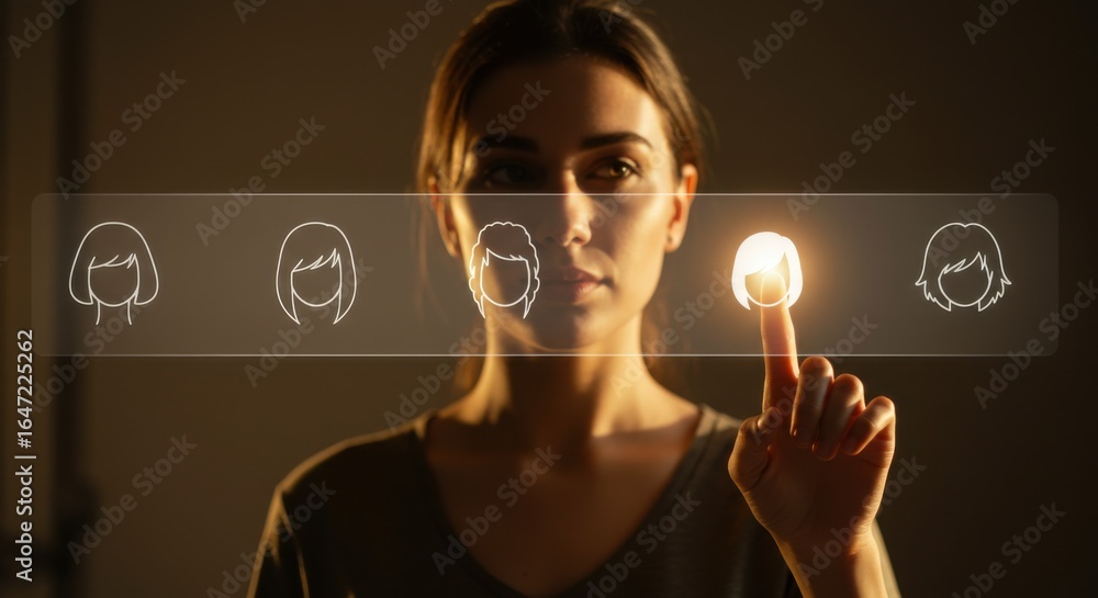 Aufkleber woman choosing profile on virtual screen. user selects avatar in digital interface. future technolog