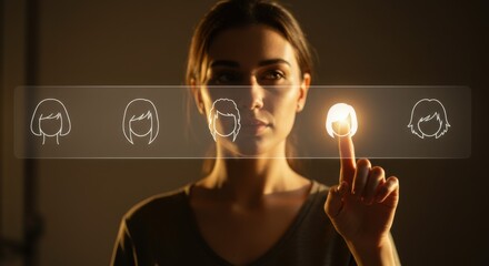 Woman choosing profile on virtual screen. User selects avatar in digital interface. Future technology display for identity selection.