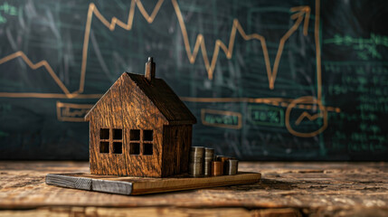 Wooden model house sits wooden surface, surrounded by stacks of coins, with chalkboard background displaying financial graphs and data. This conveys themes of investment, finance, and real estate