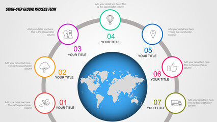 Seven Step Circular Infographic with Colorful Icons and World Map Center, Modern Business Process Timeline Chart for Global Workflow, Strategy, and Presentation Slides, Editable Vector Layout