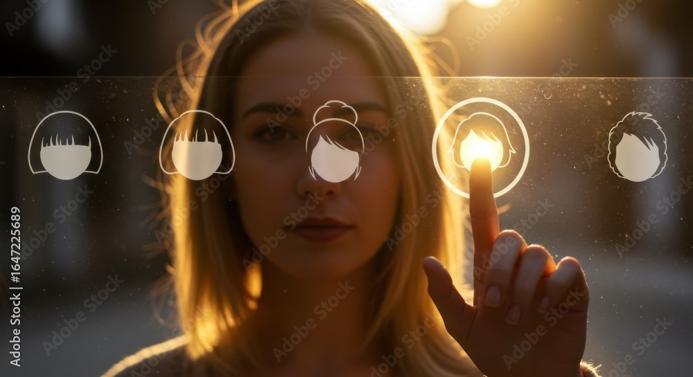 Poster a woman touching a virtual screen with user profile icons. choosing an avatar or setting up a person